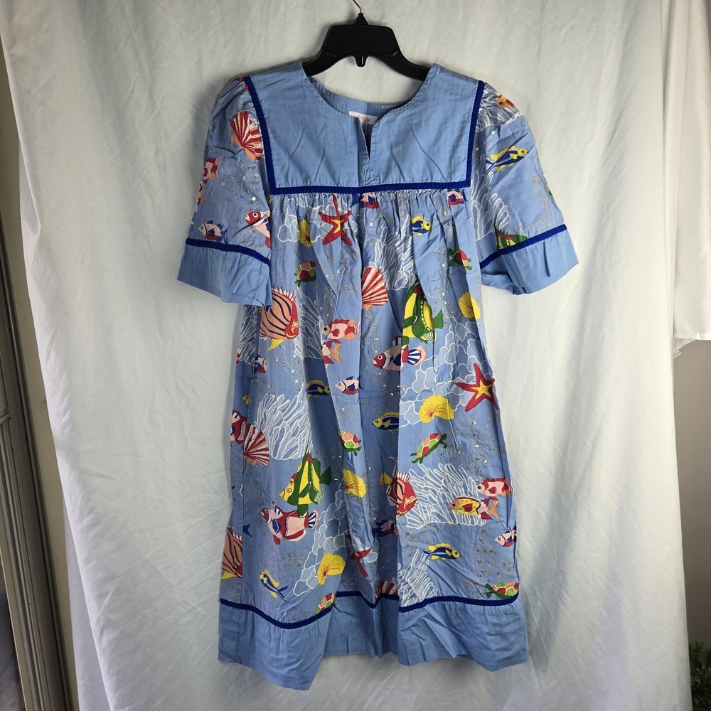 Vtg 90s Go Softly Patio House Dress Medium Pockets Cotton Fish Glitter Sequin